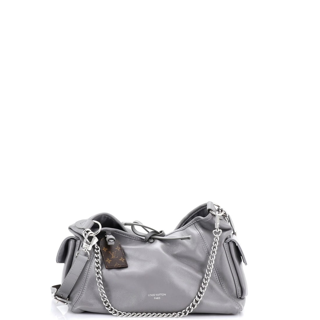 Carryall cargo hobo leather monogram canvas Louis Vuitton: Carryall cargo hobo leather monogram canvas Louis Vuitton Gray canvas coated leather monogram canvas Louis Vuitton carryall cargo hobo bag with scuffs, edge wear, corner wear, and minor creases on