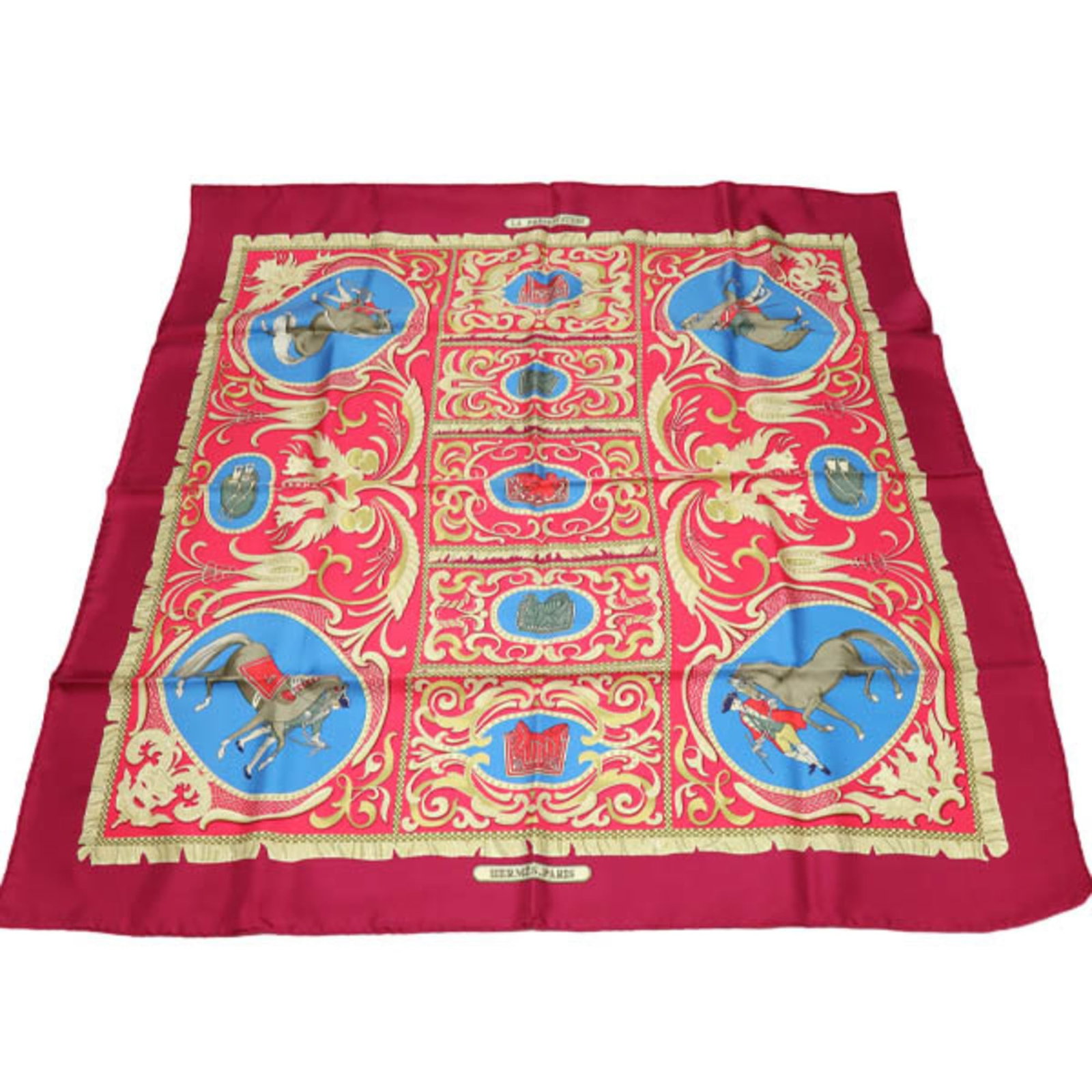 Hermes silk scarf: Hermes silk scarf Silk in rich purple hues, this Hermes scarf boasts a classic design. Made from high-quality silk, its elegant dimensions measure 90.5cm x 88cm. Presented in a sturdy box for safekeep