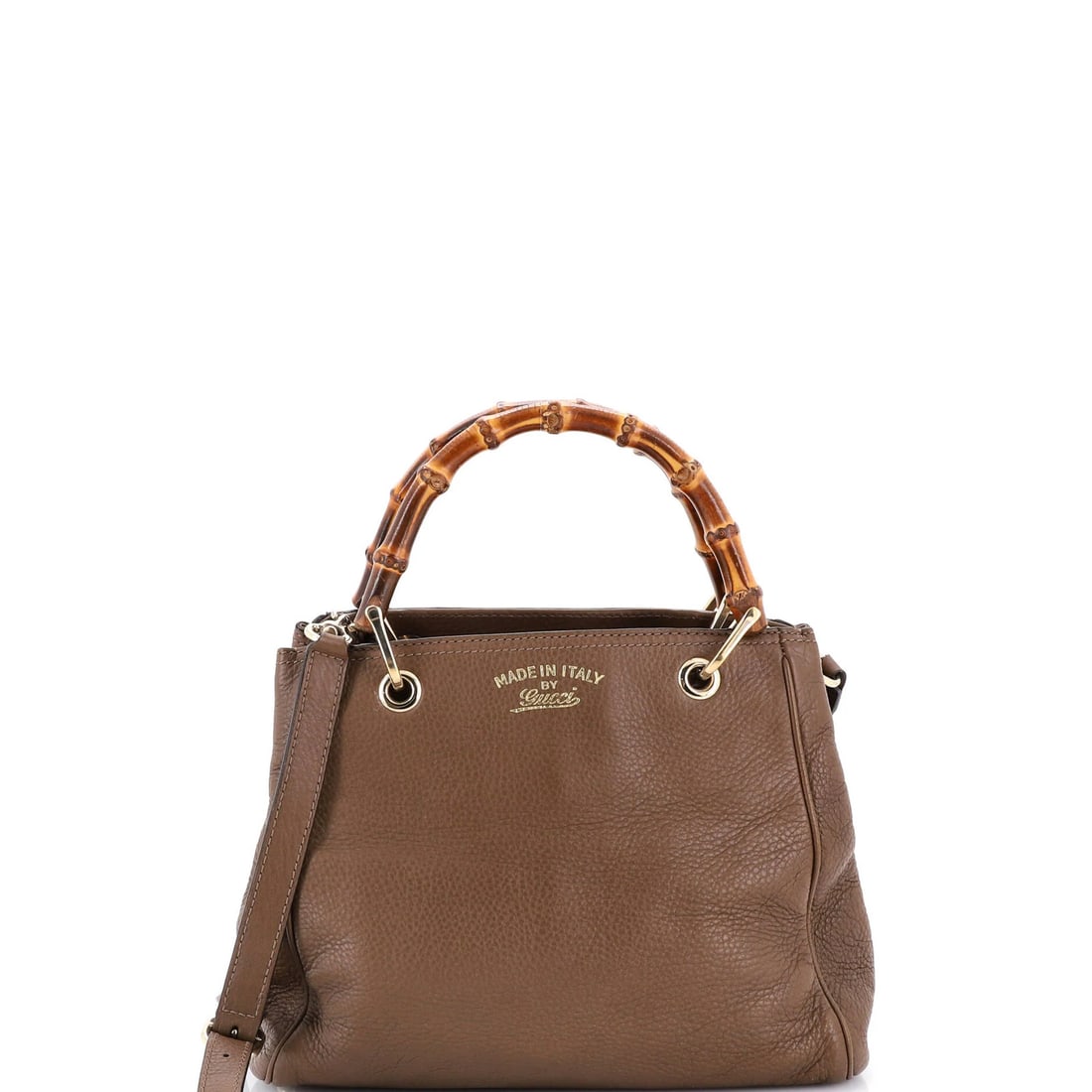 Gucci Leather Small Bamboo Shopper Tote: Gucci Leather Small Bamboo Shopper Tote Brown leather Gucci Bamboo Shopper Tote with gold tone hardware, featuring scuffs and minor discoloration on exterior and interior. The tote measures 9" tall, 1