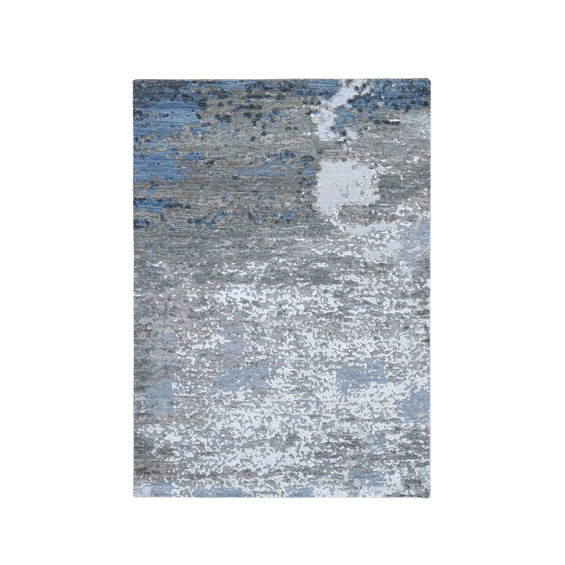 Hi Low Pile Hand Knotted Wool Silk Rug Denser Weave Abstract Design: Hi Low Pile Hand Knotted Wool Silk Rug Denser Weave Abstract Design Grey wool and silk hand-knotted rug with an oriental design, featuring a denser weave. This rectangular field rug measures 72" x