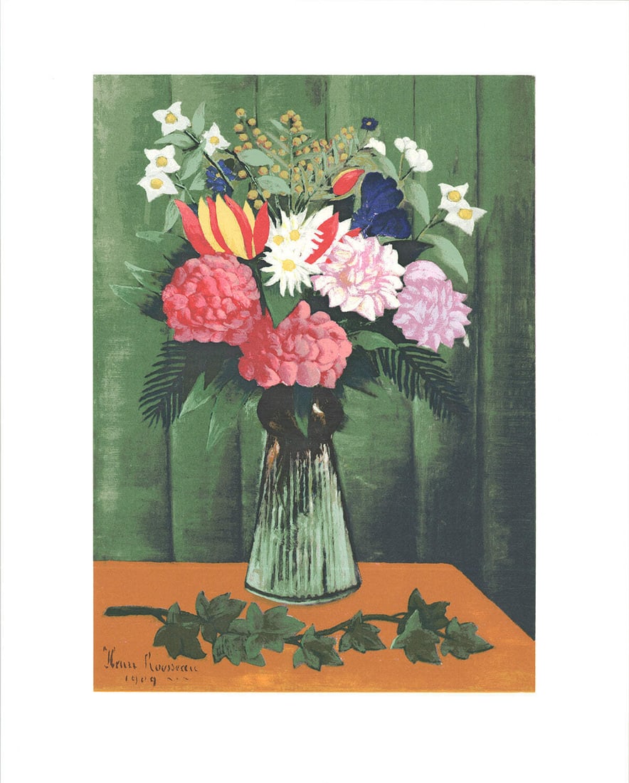HENRI ROUSSEAU Flowers in Vase 20" x 16" Serigraph 1991 Modernism Brown Green (1 of 1)
