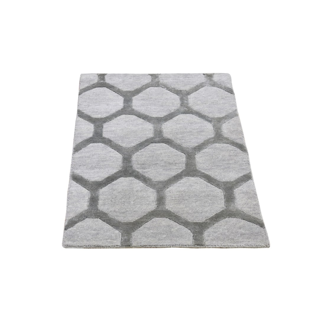 2'x3' Gray Hi-Low Modern Wool and Silk Mat Hand Knotted Oriental Rug: 2'x3' Gray Hi-Low Modern Wool and Silk Mat Hand Knotted Oriental Rug Hand-knotted with wool and silk, this modern oriental rug boasts a striking gray color palette. The rectangular field features a