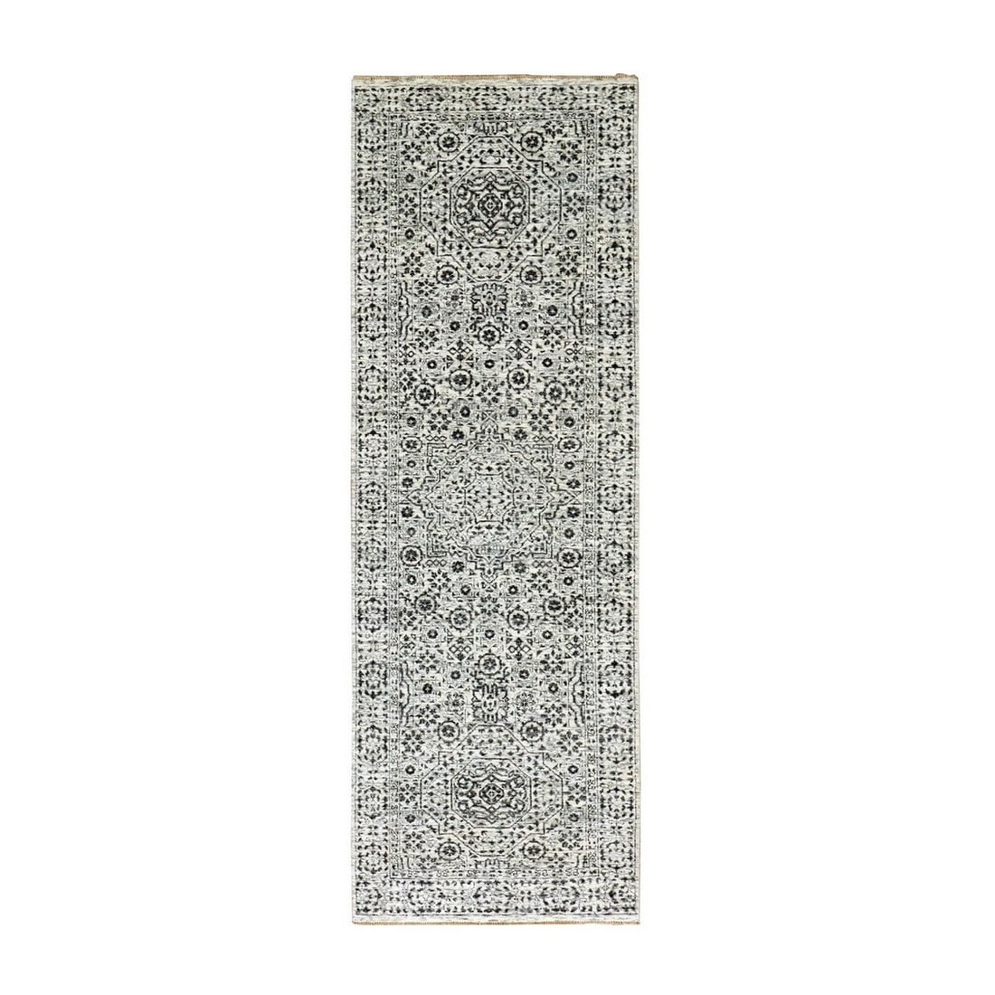 2'8"x10' White Mamluk Dynasty Design Undyed Wool Hand Knotted Runner Rug: 2'8"x10' White Mamluk Dynasty Design Undyed Wool Hand Knotted Runner Rug This stunning Mamluk Dynasty design wool hand-knotted runner rug boasts an elegant ivory color and intricate pattern,
