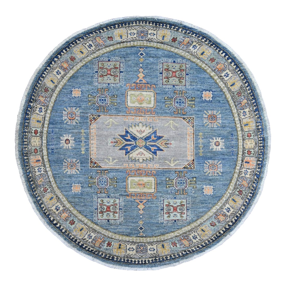 6'x6' Blue Peshawar Caucasian Influence Hand Knotted Pure Wool Round Rug (1 of 6)