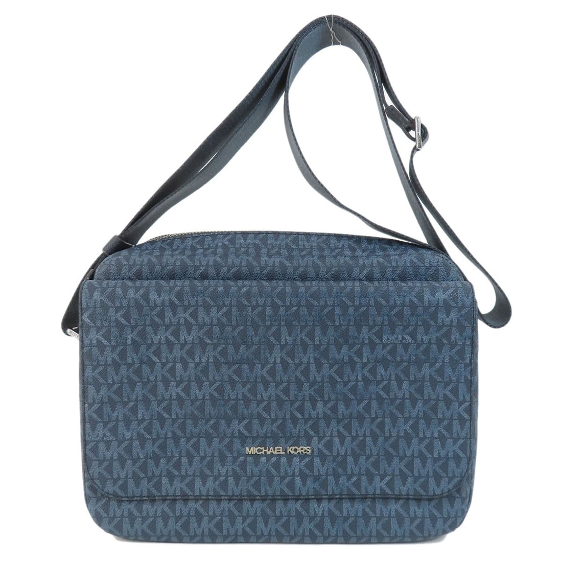PVC MK SIGNATURE SHOULDER BAG BY MICHAEL KORS: PVC MK SIGNATURE SHOULDER BAG BY MICHAEL KORS Blue PVC MK Signature Shoulder Bag by Michael Kors. This shoulder bag features a striking blue exterior made from PVC, bearing the signature of the