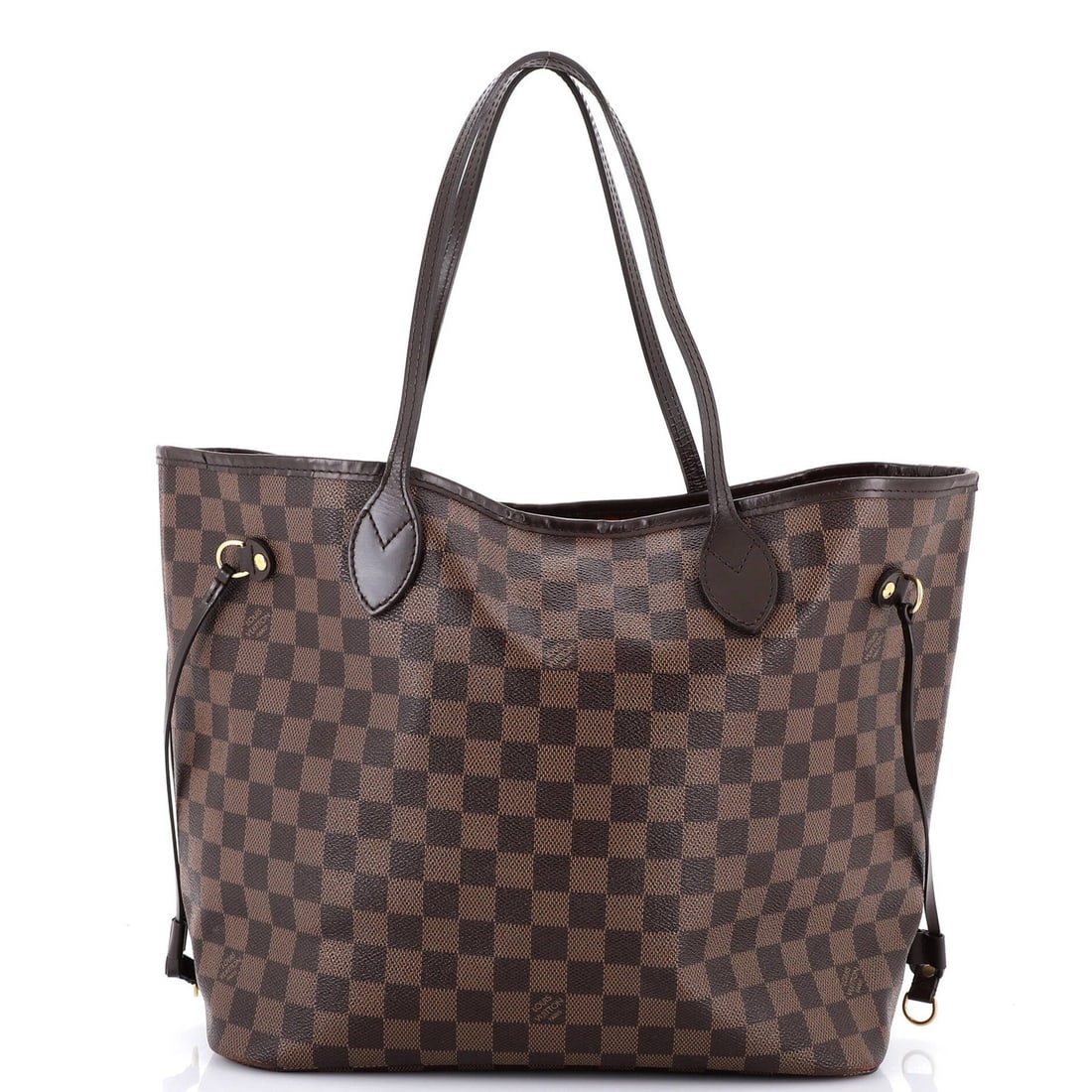 Damier Neverfull NM Tote Louis Vuitton: Damier Neverfull NM Tote Louis Vuitton Brown Damier Neverfull NM Tote with Gold Hardware, featuring a classic canvas coated exterior and interior print in red. Measuring 11" tall, 12" wide, and 7"
