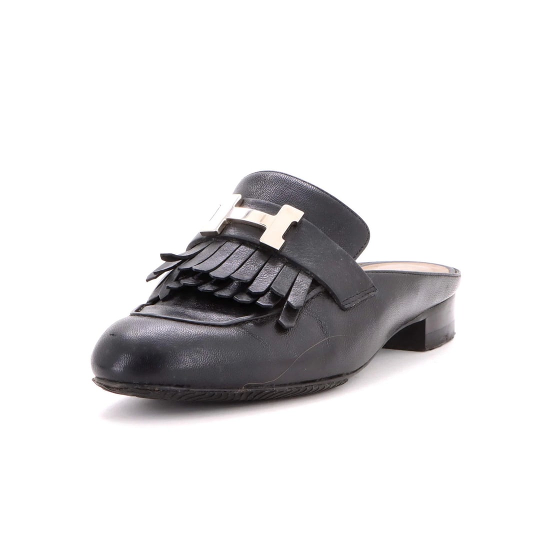 Women's Rivoli Leather Mules by Hermes: Women's Rivoli Leather Mules by Hermes Black leather mules with brown interior and palladium hardware, featuring the iconic Rivoli style from Hermes. Resoled outer soles and minor imperfections