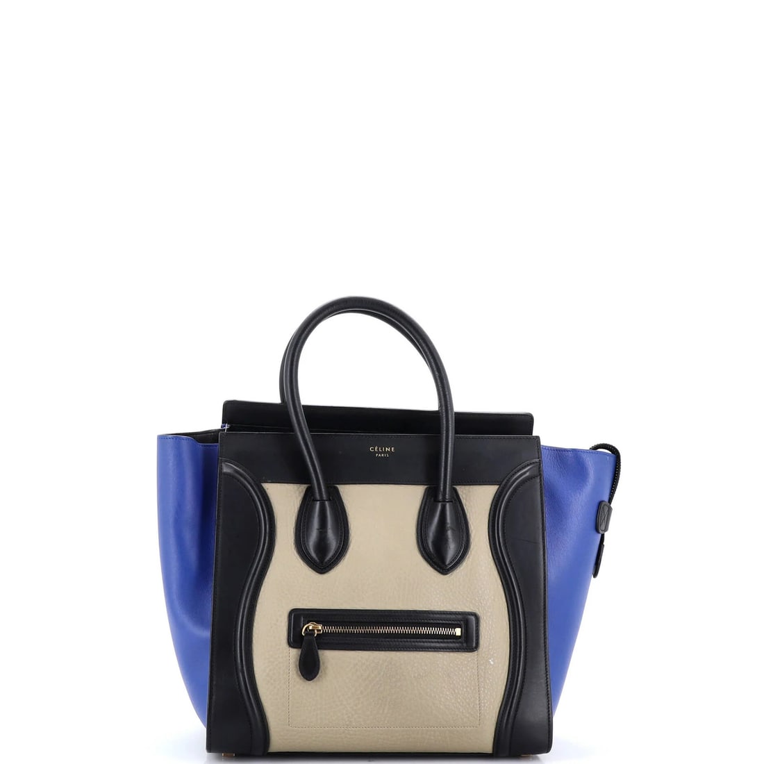 Celine Tricolor Luggage Bag Leather Mini: Celine Tricolor Luggage Bag Leather Mini Black, Blue, and Multicolor Leather Mini Tote with Gold Hardware. This Celine Tricolor Luggage Bag Leather Mini features a classic design with heavy corner wea