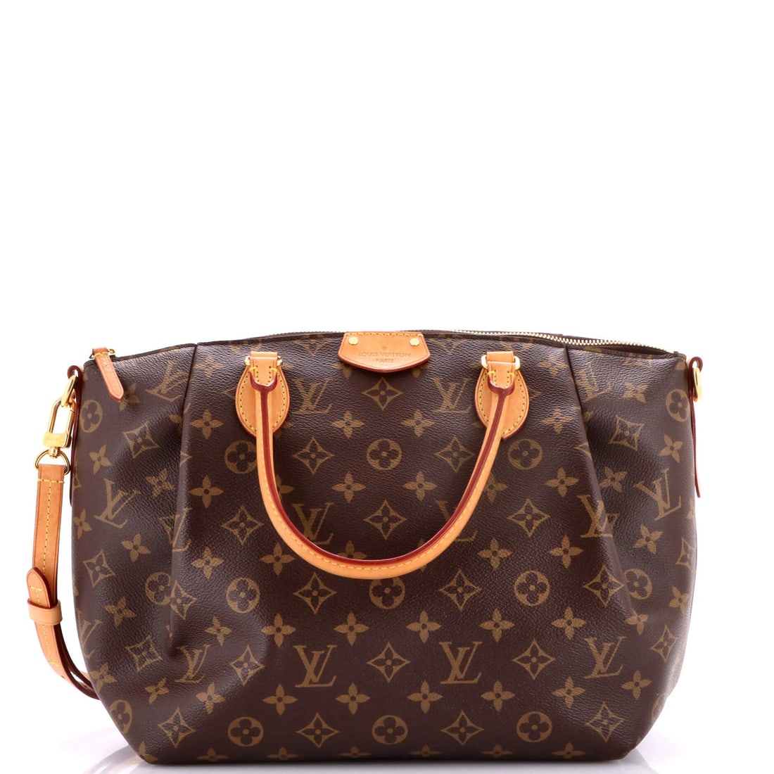 Handbag Canvas MM Monogram Louis Vuitton: Handbag Canvas MM Monogram Louis Vuitton Canvas MM Monogram Louis Vuitton handbag in brown, featuring the iconic Turenne style with a classic satchel design. The bag boasts a canvas-coated exterior wi