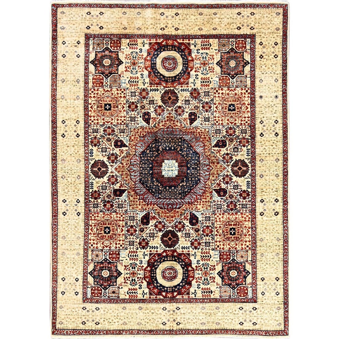 4'10"x7' White Hand Knotted 100% Wool Mamluk Design Oriental Rug: 4'10"x7' White Hand Knotted 100% Wool Mamluk Design Oriental Rug This stunning 4'10"x7' White Hand Knotted 100% Wool Mamluk Design Oriental Rug boasts an intricate and timeless design, crafted from