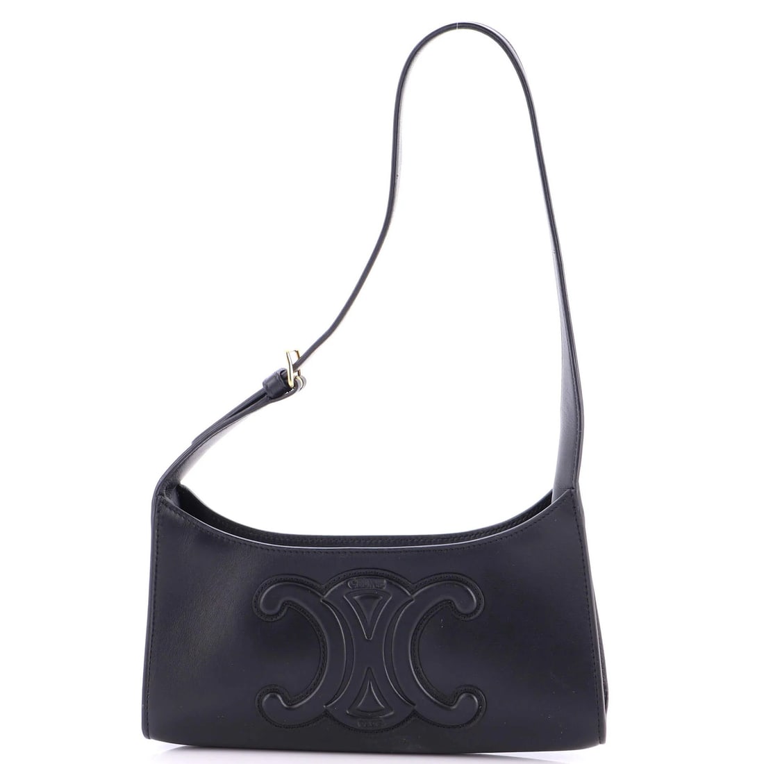 Celine Cuir Triomphe Bag Leather: Celine Cuir Triomphe Bag Leather Black Celine Cuir Triomphe Bag Leather, featuring exterior leather and suede interior, with gold hardware. Measuring 5" height, 8" width, and 2" depth, this shoulder