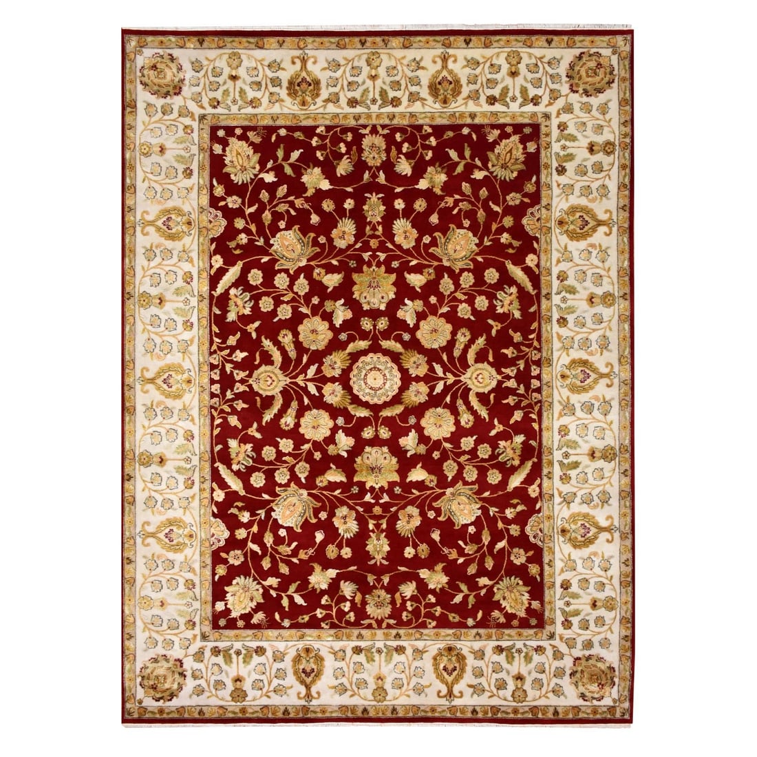 9'x12' Burgundy Red Rajasthan Design Wool and Silk Hand Knotted Rug: 9'x12' Burgundy Red Rajasthan Design Wool and Silk Hand Knotted Rug Burgundy Red Rajasthan Design Wool and Silk Hand Knotted Rug, measuring 9'0" x 12'0" (274 CM X 366 CM), boasts a rich red field