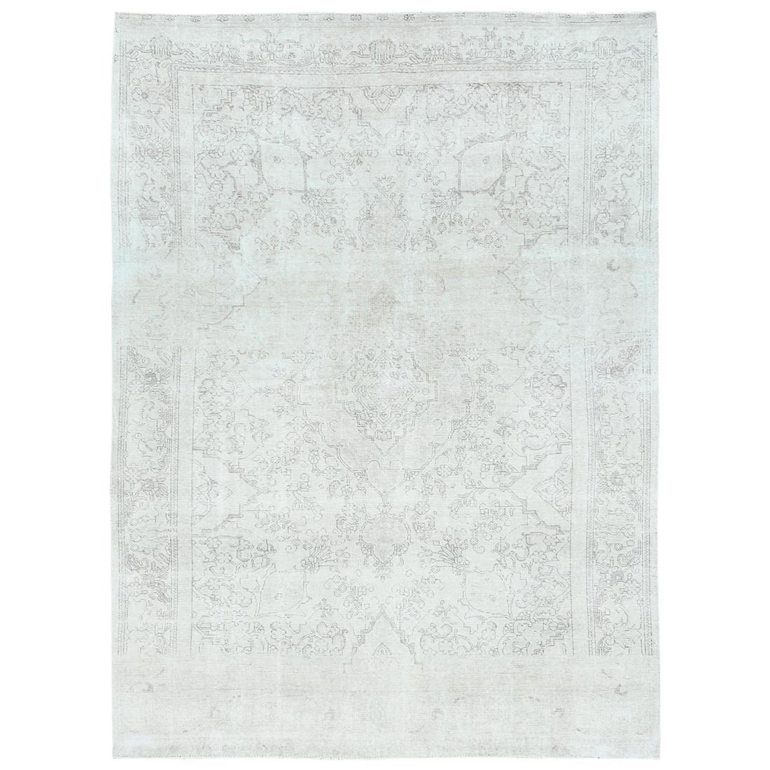 9'3"x13' Ivory Vintage Farsian Tebraz Worn Wool Hand Knotted Rug: 9'3"x13' Ivory Vintage Farsian Tebraz Worn Wool Hand Knotted Rug 9'3"x13' Ivory Vintage Farsian Tebraz Worn Wool Hand Knotted Rug features an exquisite, worn wool pile in a timeless ivory color. This