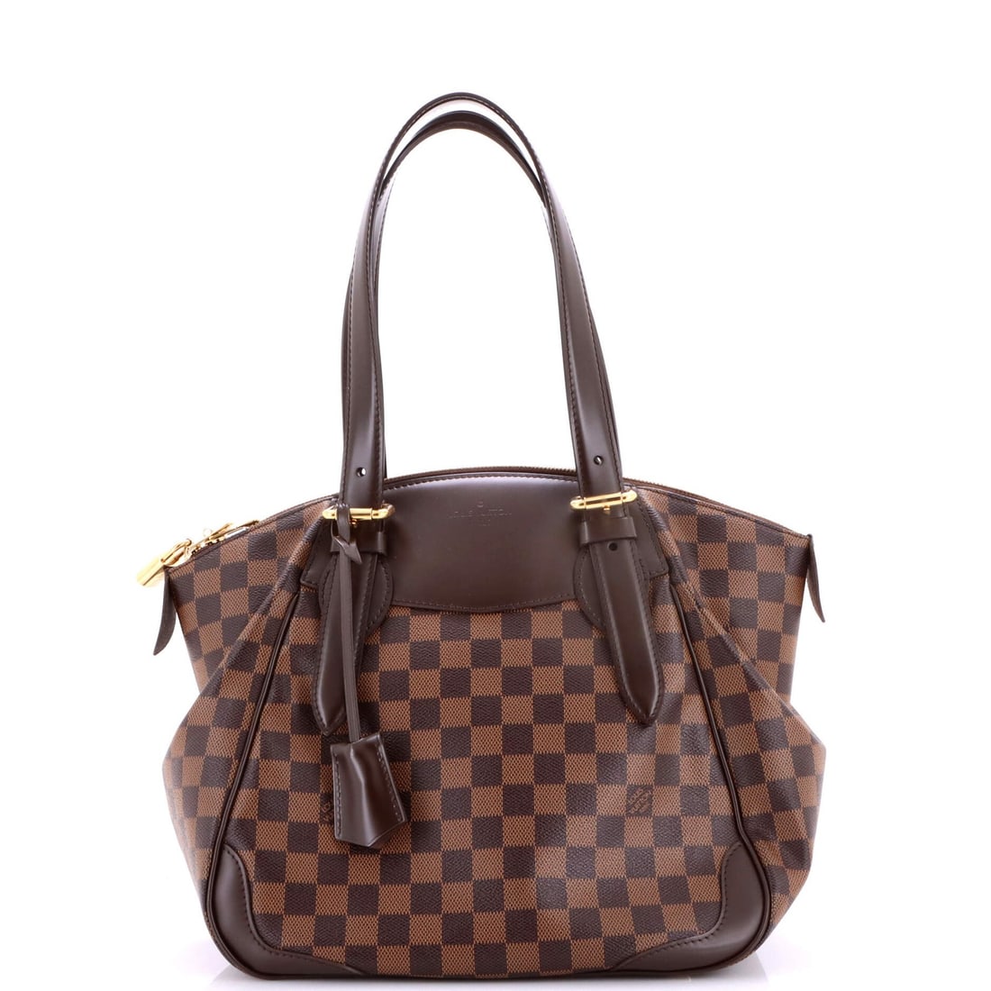 Damier MM Louis Vuitton Handbag Verona: Damier MM Louis Vuitton Handbag Verona The Damier MM Louis Vuitton Handbag Verona boasts a rich, brown canvas exterior with subtle scuffs and minor creases. Measuring 11" in height, 12" in width, and 