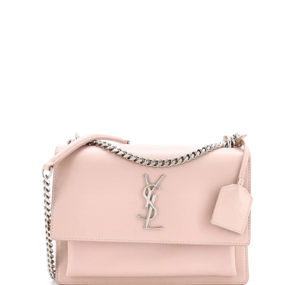 Saint Laurent Sunset Crossbody Bag Leather Medium: Saint Laurent Sunset Crossbody Bag Leather Medium Pink leather crossbody bag with microfiber interior, featuring a signature and measuring 7" high, 8.5" wide, and 3" deep. The bag has a silver clochet