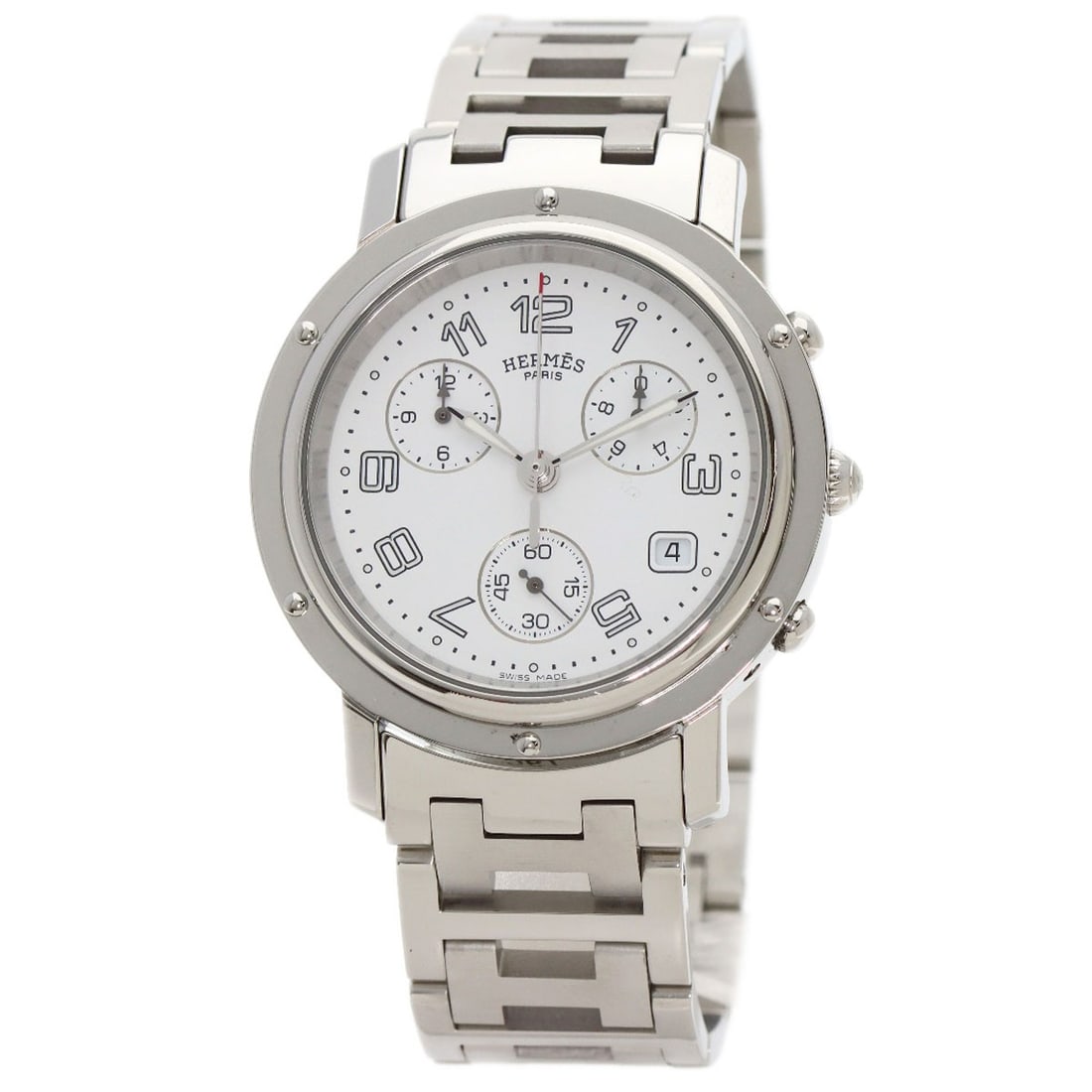 Hermes Clipper Chronograph Watches Cl1.910 Stainless Steel/ Stainless Steel: Hermes Clipper Chronograph Watches Cl1.910 Stainless Steel/ Stainless Steel Stainless steel case and silver bezel add a touch of sophistication to this chronograph watch, featuring a white dial and qu