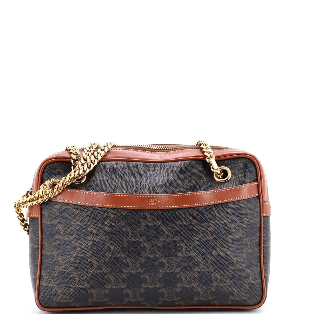 Small coated canvas triomphe bag patapans Celine: Small coated canvas triomphe bag patapans Celine Small coated canvas triomphe bag in brown, featuring a classic Celine design with minor creases and corner wear. The gold hardware adds a touch of eleg