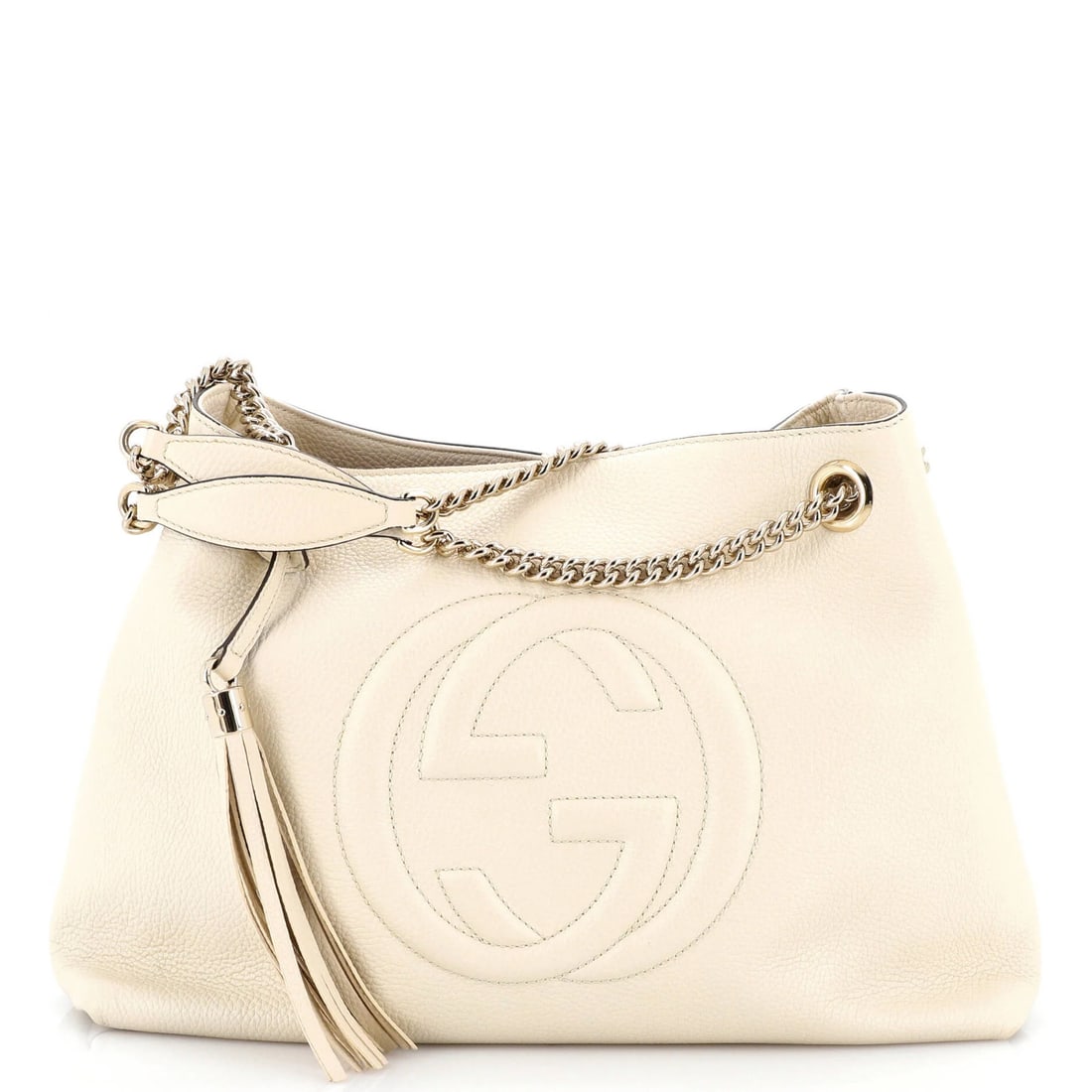 Soho Chain Strap Leather Bag Medium Shoulder Gucci: Soho Chain Strap Leather Bag Medium Shoulder Gucci The Gucci Soho Chain Strap Leather Bag Medium features a neutral exterior with minor creases and a gold-tone hardware. This medium-sized shoulder bag