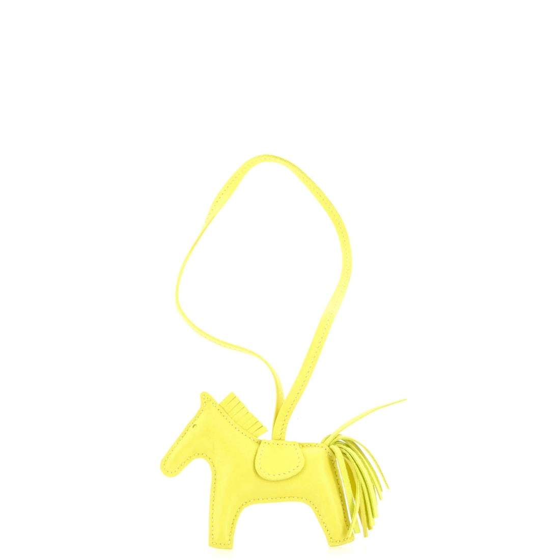 Hermes Mono-Tone GriGri Rodeo Bag Charm Leather PM: Hermes Mono-Tone GriGri Rodeo Bag Charm Leather PM Yellow Leather Mono-Tone GriGri Rodeo Bag Charm measures 3" x 3.5" x 0.5". Made from high-quality leather, the exterior and interior are both yellow,