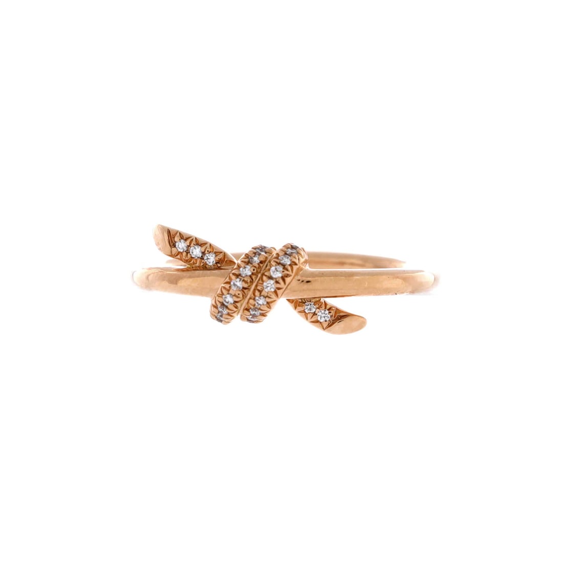 Tiffany and Co. Knot Ring with 18k Rose Gold Diamonds: Tiffany and Co. Knot Ring with 18k Rose Gold Diamonds Tiffany & Co.'s Knot Ring showcases 18k rose gold diamonds in a timeless design. The ring's 4.75-49 size and 1.85mm diamond width make it a versat