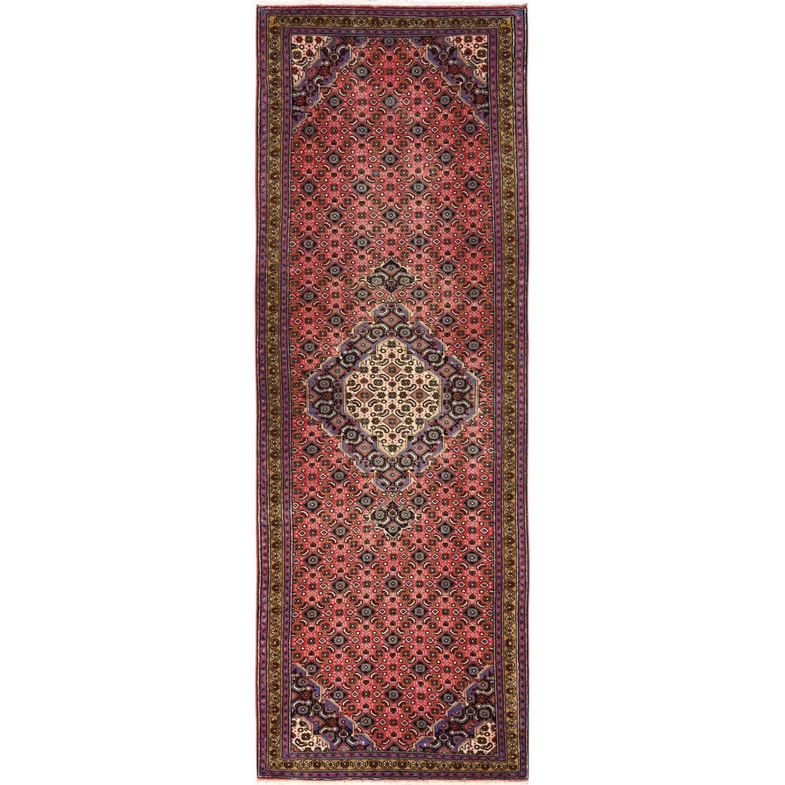3'2"x9'2" Red Vintage Zoroastrian Khamadan Hand Knotted Wool Runner Rug: 3'2"x9'2" Red Vintage Zoroastrian Khamadan Hand Knotted Wool Runner Rug Hand-knotted in wool, this stunning Red Zoroastrian Khamadan rug boasts intricate geometric patterns and a rich red field color.
