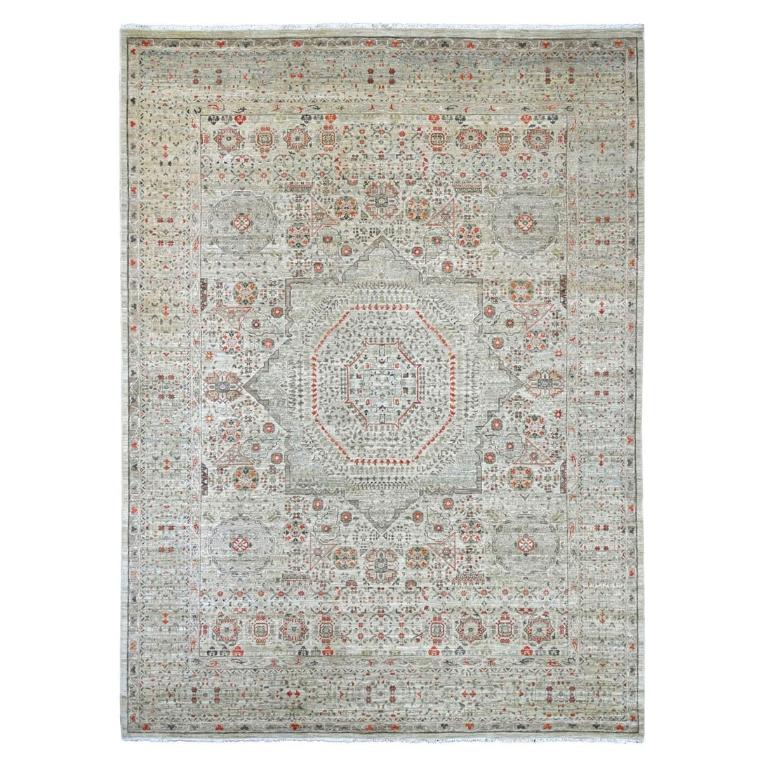 8'10"x11'10" Stone Gray Hand Knotted 14th Century Mamluk Design Wool Rug: 8'10"x11'10" Stone Gray Hand Knotted 14th Century Mamluk Design Wool Rug 8'10"x11'10" Stone Gray Hand Knotted 14th Century Mamluk Design Wool Rug. This stunning, hand-knotted wool rug boasts a rich st