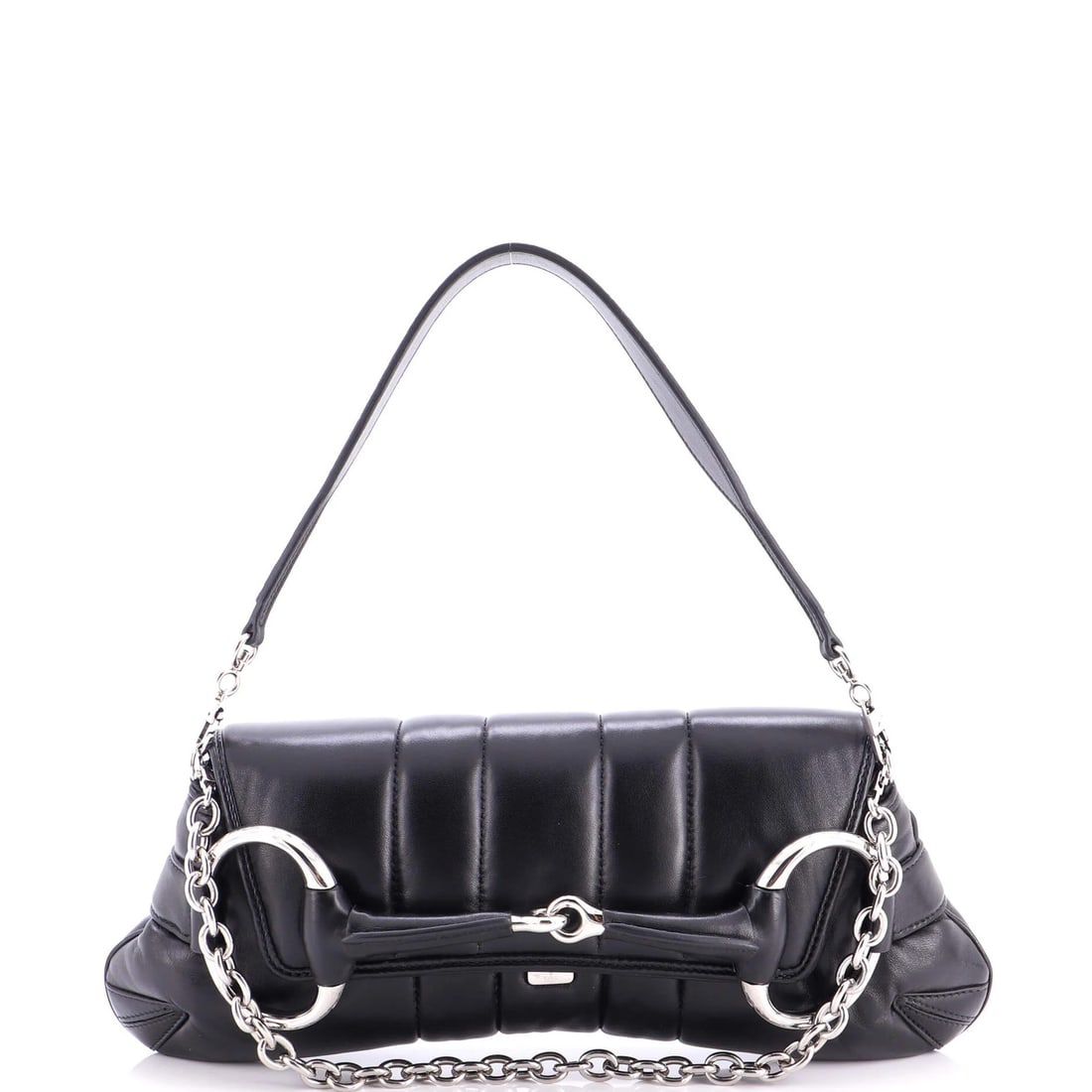 Vertical quilted leather chain bag large shoulder gucci horsebit: Vertical quilted leather chain bag large shoulder gucci horsebit Large shoulder bag with vertical quilted leather design, featuring iconic Gucci horsebit chain detail in black exterior. Measuring 6" t