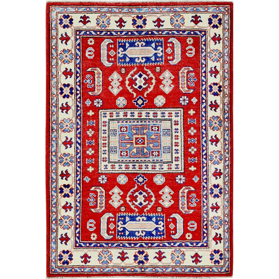 3'5"x5' Red Kazak with Geometric Design Soft Wool Hand Knotted Oriental Rug: 3'5"x5' Red Kazak with Geometric Design Soft Wool Hand Knotted Oriental Rug Soft wool hand knotted in a vibrant red, this 3'5"x5' Geometric Design Kazak rug boasts a rectangular field with intricate p