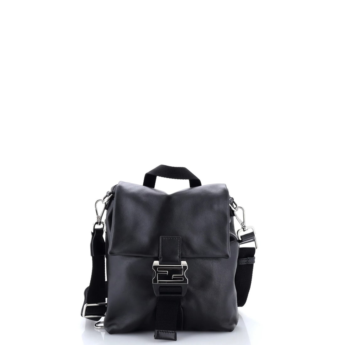 Small leather crossbody bag by Fendi: Small leather crossbody bag by Fendi Small, sleek Fendi leather crossbody bag in black exterior with silver hardware. Measuring just 9" tall and 7.5" wide, it's a compact accessory perfect for everyda