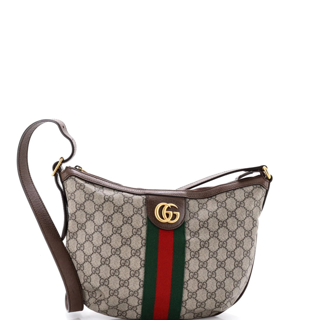 Hobo Half Moon Gucci Small GG Coated Canvas: Hobo Half Moon Gucci Small GG Coated Canvas Small GG Coated Canvas Hobo Cross Body Bag in Brown, featuring Gucci's iconic Half Moon design and scuffed exterior with minor edge wear. The bag measures 1