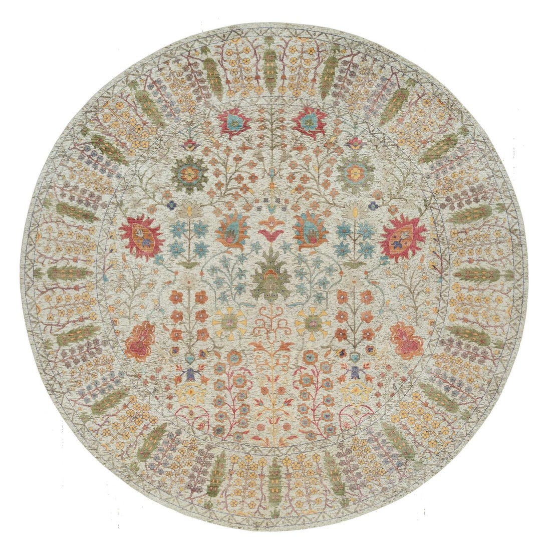 Beige wool and silk directional hand knotted oriental round rug: Beige wool and silk directional hand knotted oriental round rug Hand-knotted with precision, this exquisite Beige wool and silk oriental round rug boasts an intricate weave and timeless design. Its su