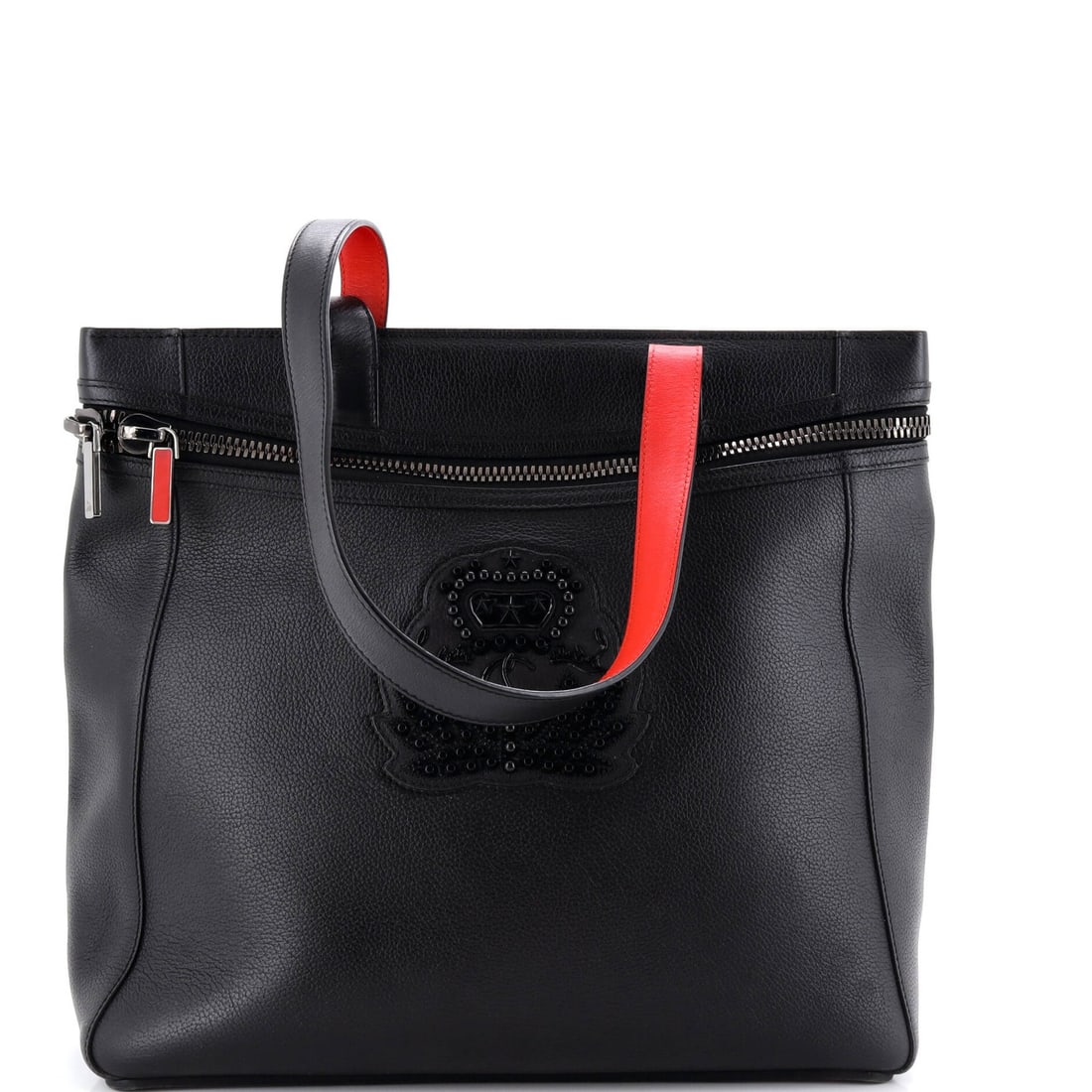 Cabado Leather Large Christian Tote Louboutin: Cabado Leather Large Christian Tote Louboutin Black Cabado Leather Large Tote by Christian Louboutin features a classic design with heavy corner wear, scuffs, edge wear, and minor creases. The exterio