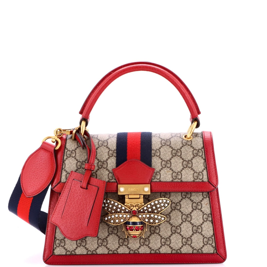 Gucci Queen Margaret Top with Leather Small GG Coated Canvas Bag: Gucci Queen Margaret Top with Leather Small GG Coated Canvas Bag The Gucci Queen Margaret Top with Leather Small GG Coated Canvas Bag boasts a striking red exterior, complemented by brown and neutral