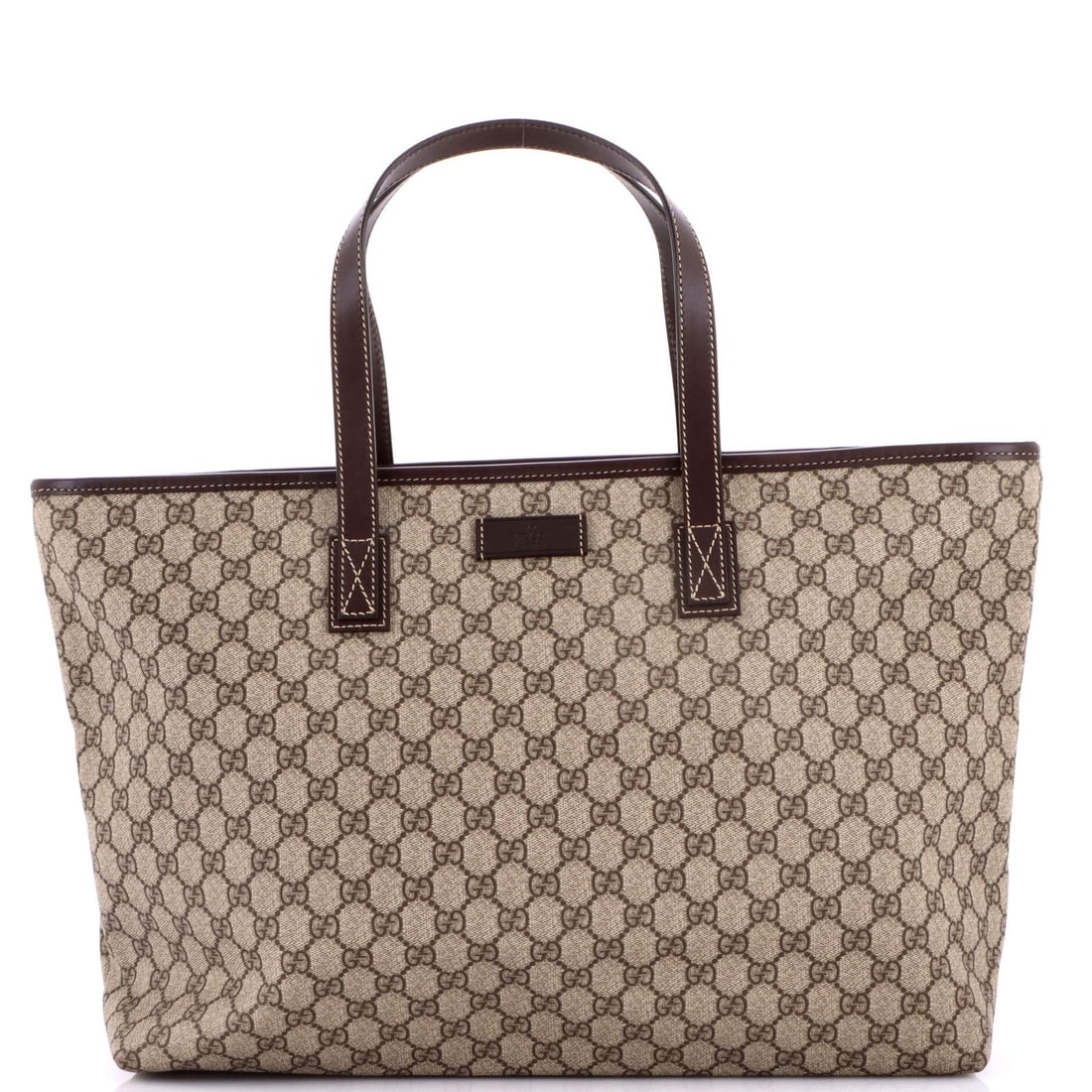 GG Coated Canvas Large Gucci Tote with Leather: GG Coated Canvas Large Gucci Tote with Leather Brown GG Coated Canvas Large Tote with Leather. This Gucci tote features a durable canvas exterior with leather accents, measuring 12" tall and 16.5"