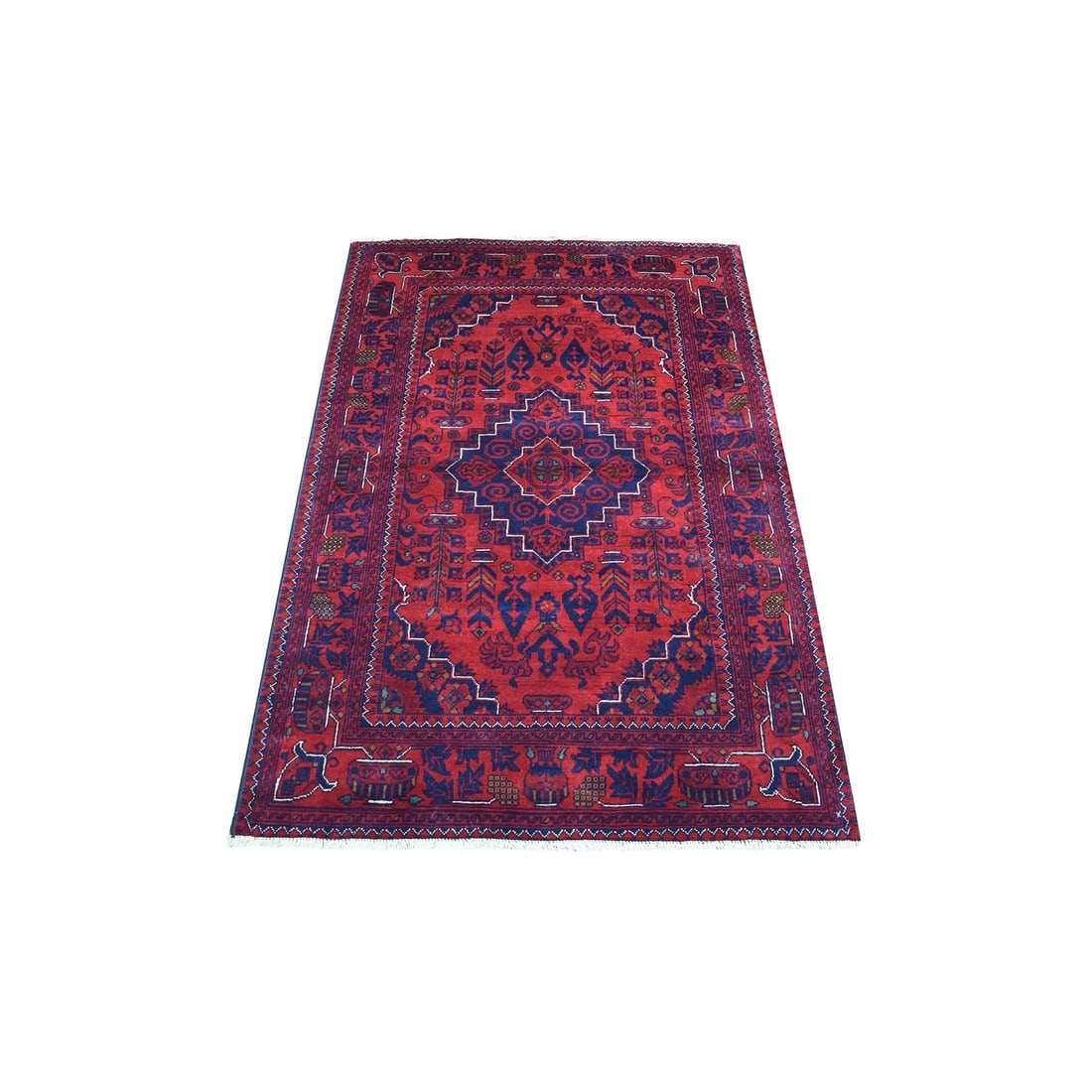 3'3"x4'8" Afghan Khamyab Wool Hand Knotted Deep and Saturated Red Rug: 3'3"x4'8" Afghan Khamyab Wool Hand Knotted Deep and Saturated Red Rug Deeply saturated in rich, bold reds, this stunning Afghan Khamyab wool hand-knotted rug boasts an intricate rectangular field