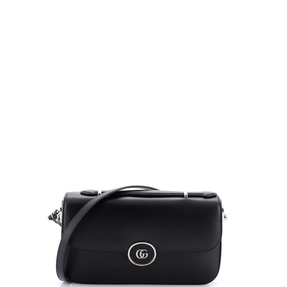 Gucci Petite GG Flap Shoulder Bag Leather Small: Gucci Petite GG Flap Shoulder Bag Leather Small Small, sleek Gucci Petite GG Flap Shoulder Bag with black leather exterior and silver hardware. This cross-body bag features a classic design with