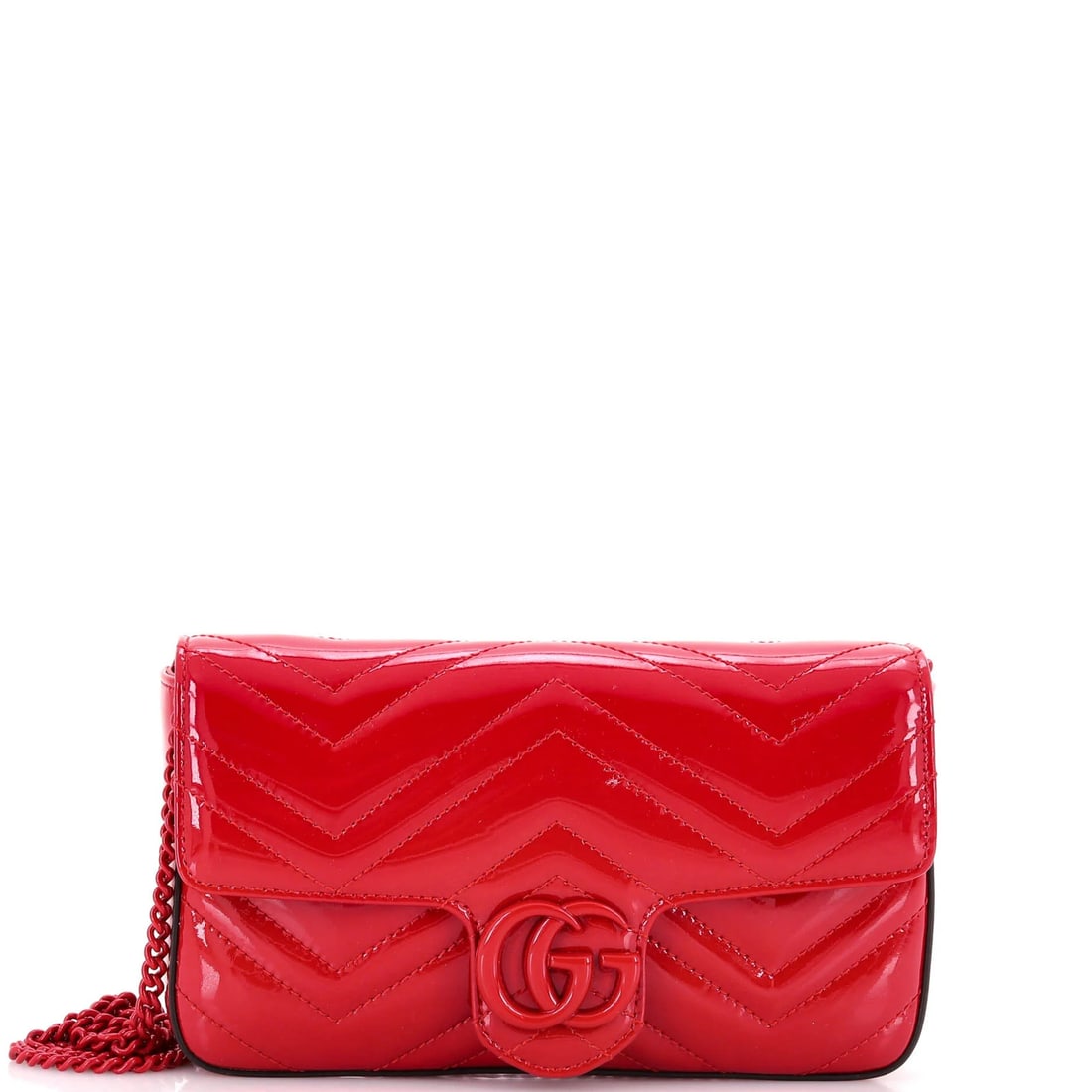 Matelasse Patent GG Flap Marmont Gucci Mini Bag: Matelasse Patent GG Flap Marmont Gucci Mini Bag Patent leather exterior in vibrant red, the Matelasse Patent GG Flap Marmont Gucci Mini Bag boasts a striking cross-body design with intricate details.