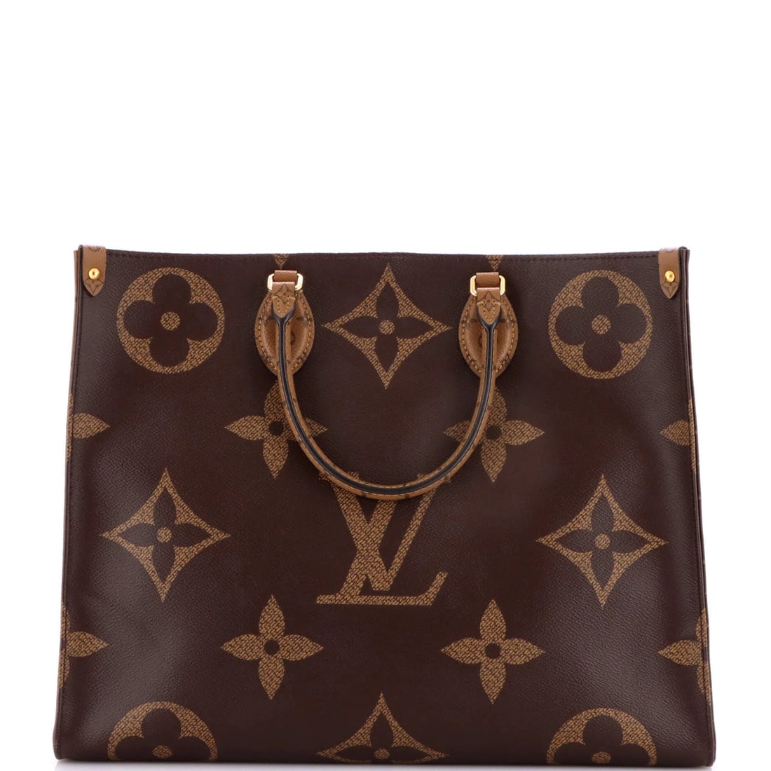 Louis Vuitton OnTheGo Tote Reverse Monogram Giant GM: Louis Vuitton OnTheGo Tote Reverse Monogram Giant GM Brown Louis Vuitton OnTheGo Tote Reverse Monogram Giant GM in good condition, featuring scuffs, corner wear, edge wear, and creases on the exterior