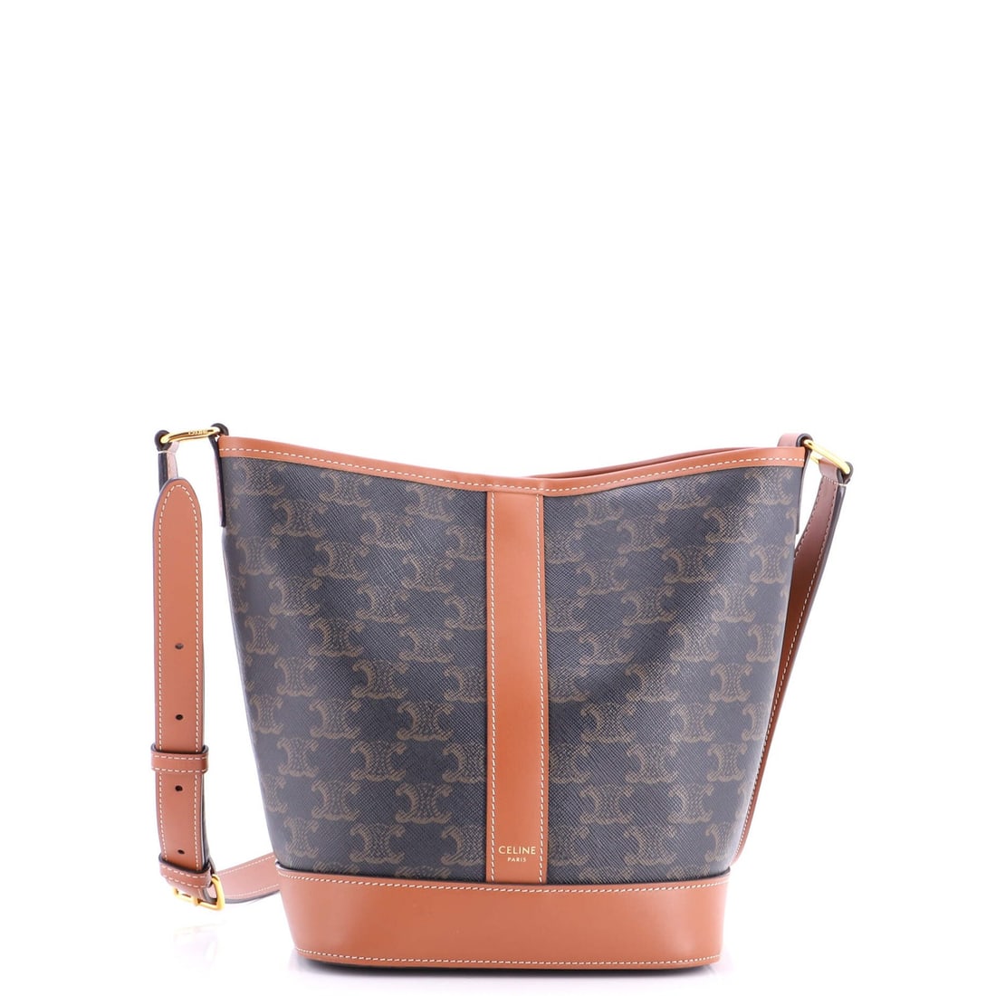Small Triomphe Coated Canvas Bucket Bag By: Small Triomphe Coated Canvas Bucket Bag By Small Triomphe Coated Canvas Bucket Bag by Celine in Brown features a classic design with minor scuffs and creases on the exterior, while its interior remain