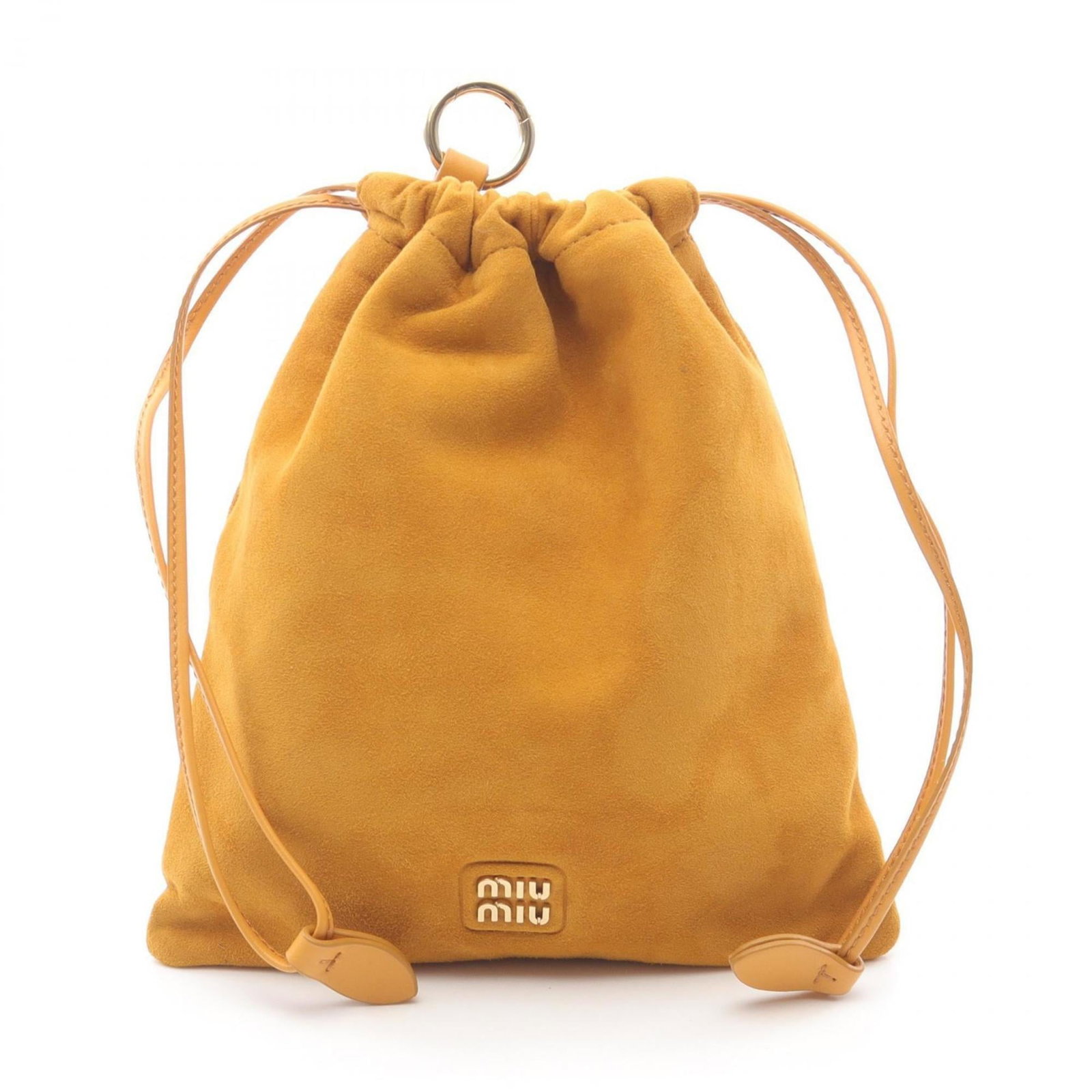 Suede Miu Pouch: Suede Miu Pouch Suede Miu Pouch in Brown. Made from high-quality suede, this brown pouch features a classic design and measures 20cm x 18cm / 7.87'' x 7.08''. Includes a dust bag for added protection.
