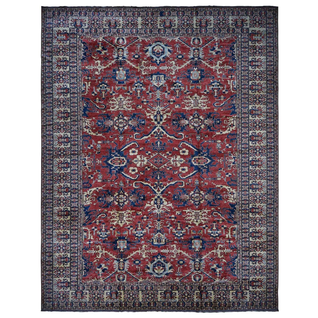 15'9"x19'10" Brick Red Super Kazak Pure Wool Hand Knotted Oversized Rug: 15'9"x19'10" Brick Red Super Kazak Pure Wool Hand Knotted Oversized Rug This stunning Brick Red Super Kazak Pure Wool Hand Knotted Oversized Rug boasts an impressive rectangular field with intricate