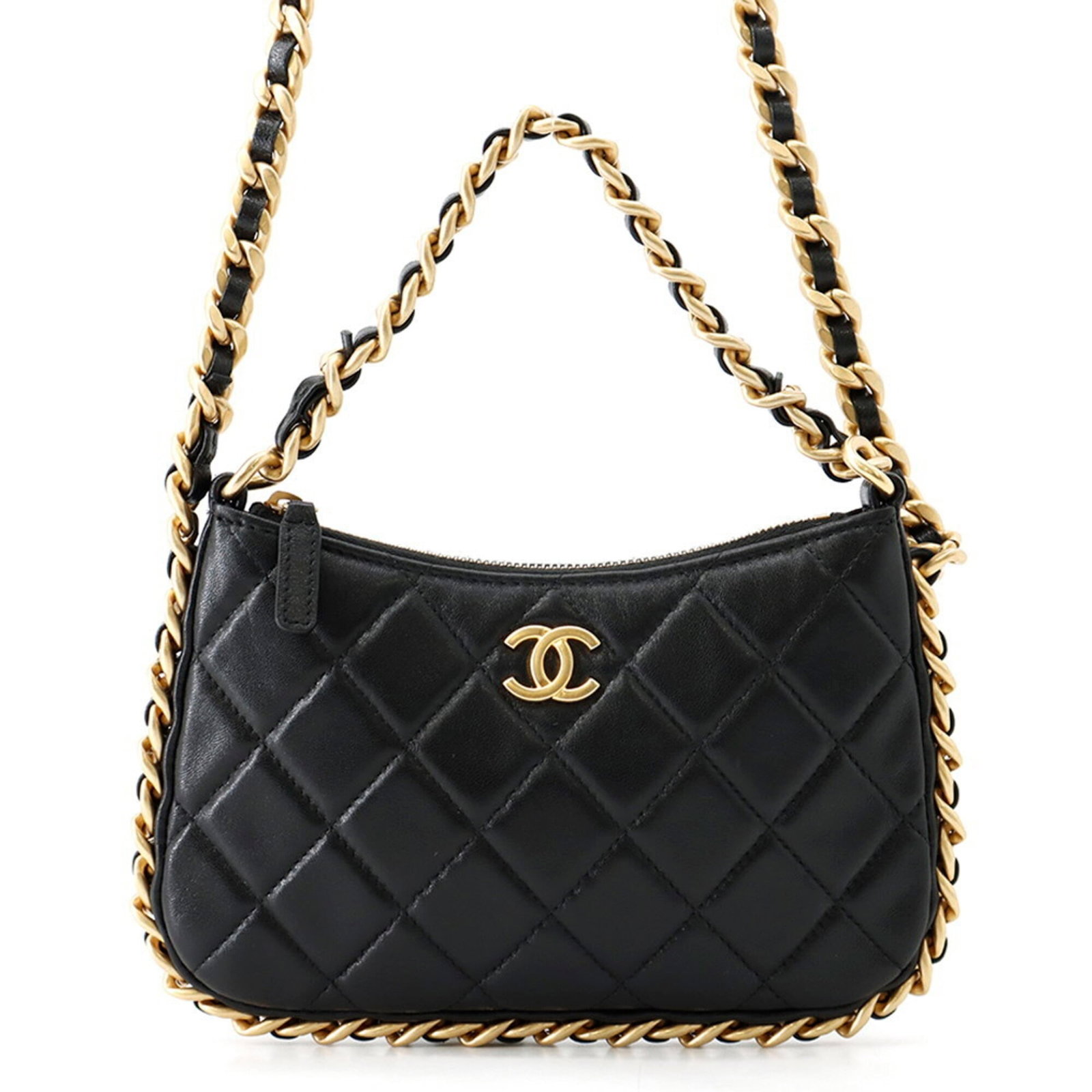 Leather Chanel Shoulder Bag: Leather Chanel Shoulder Bag Black Lambskin Leather Chanel Shoulder Bag, measuring 13.5cm x 21cm x 1.5cm, features a classic design with premium leather construction from Italy. The bag's sleek black