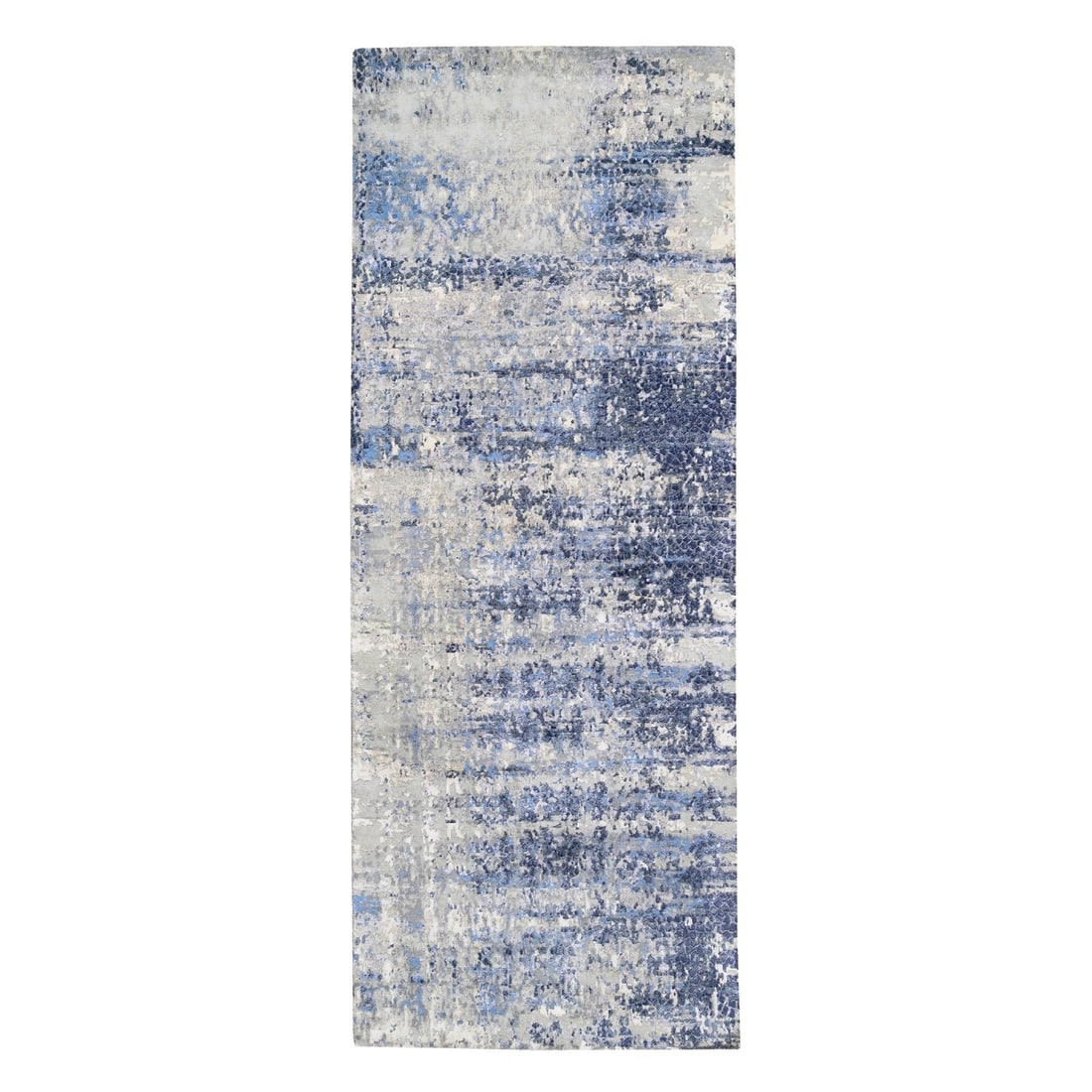3'10"x10'3" Blue Abstract With Mosaic Design Wool-Silk Hand Knotted Rug: 3'10"x10'3" Blue Abstract With Mosaic Design Wool-Silk Hand Knotted Rug The Blue Abstract with Mosaic Design Wool-Silk Hand Knotted Rug boasts an eye-catching blue field color, complemented by intrica