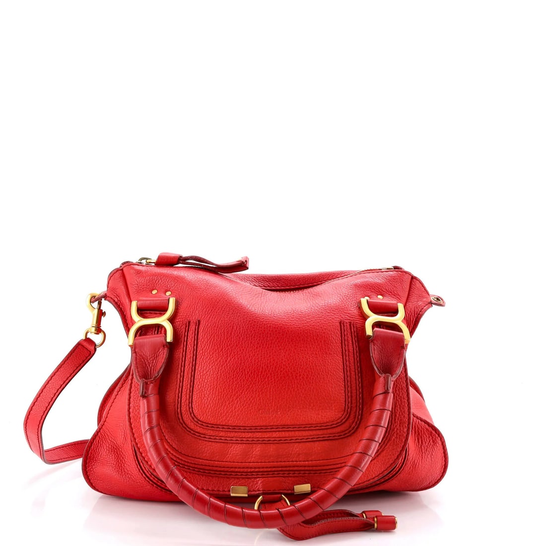 Leather medium Chloe Marcie Satchel: Leather medium Chloe Marcie Satchel Red leather medium Chloe Marcie Satchel with scuffs, stains, cracking, edge wear, corner wear, and minor creases. Features a 6" handle drop, 11" height, 13.5" width