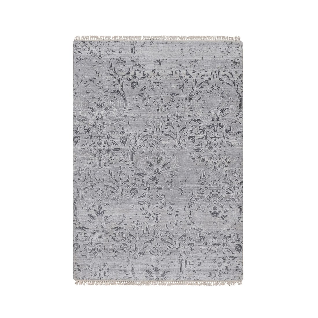 4'x5'10" Cloud Gray Wool and Silk Rug Damask Design Hand Knotted Oriental (1 of 8)