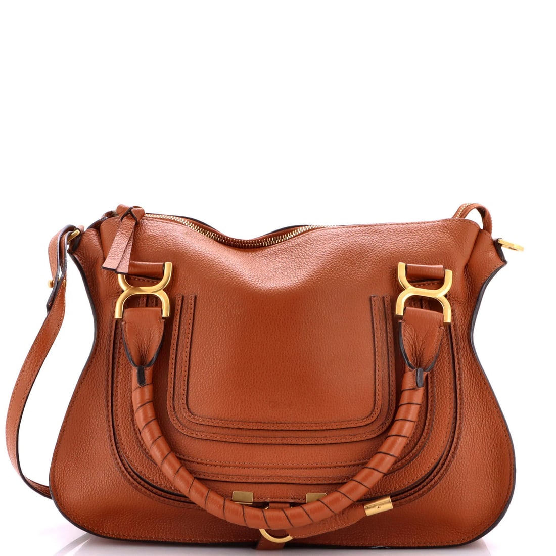 Leather medium Chloe Marcie Satchel: Leather medium Chloe Marcie Satchel Brown leather medium Chloe Marcie Satchel with neutral interior and aged gold hardware, featuring a classic design with scuffs, edge wear, corner wear, minor