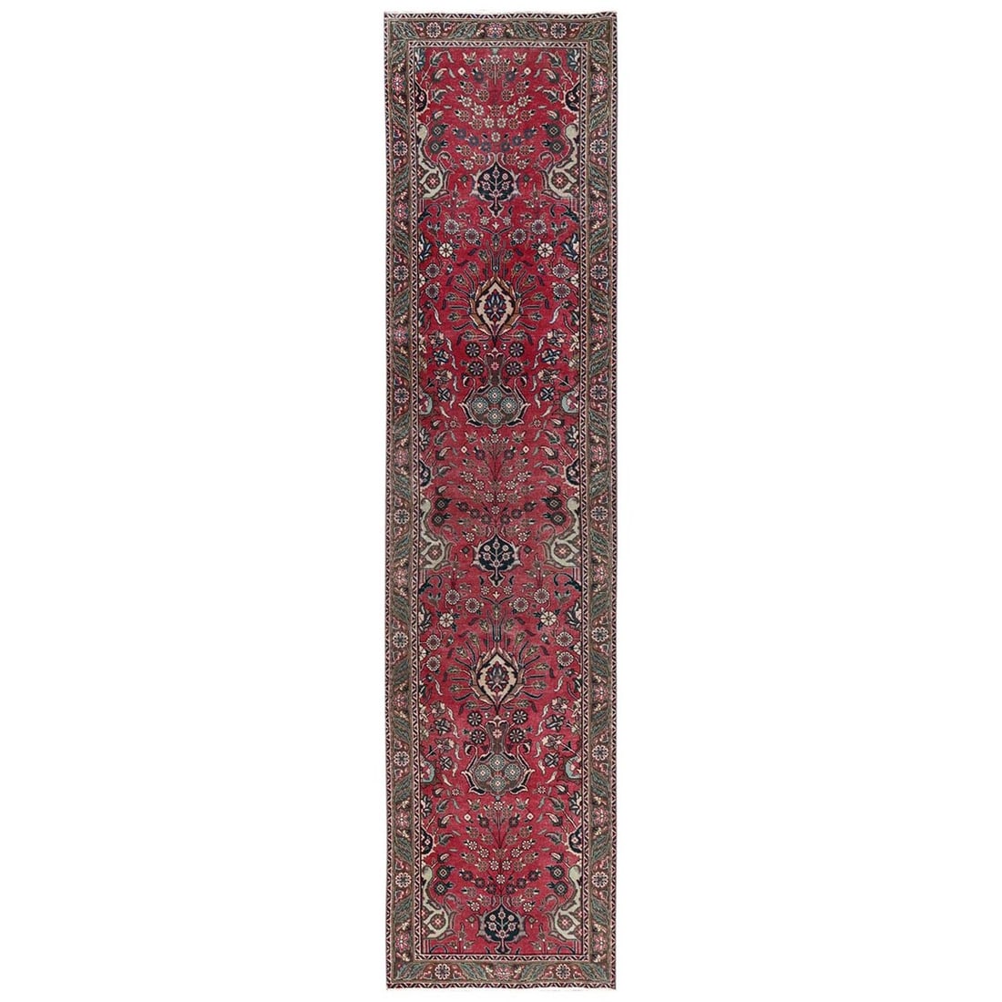 2'7"x12'5" Red Vintage All Over Design Wool Hand Knotted Runner Rug: 2'7"x12'5" Red Vintage All Over Design Wool Hand Knotted Runner Rug This stunning red wool hand-knotted runner rug boasts an all-over design characteristic of Oriental regional style, originating