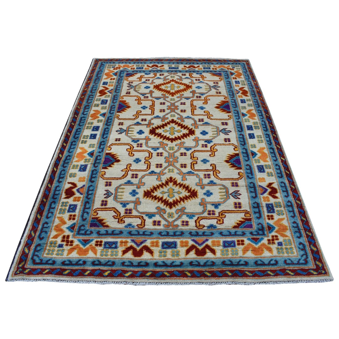 5'8"x7'8" Hand Made Tribal Design Pure Wool Colorful Afghan Village Rug: 5'8"x7'8" Hand Made Tribal Design Pure Wool Colorful Afghan Village Rug Made from 100% wool, this hand-knotted Oriental-style rug boasts an intricate tribal design in rich colors. Measuring 5'8" x