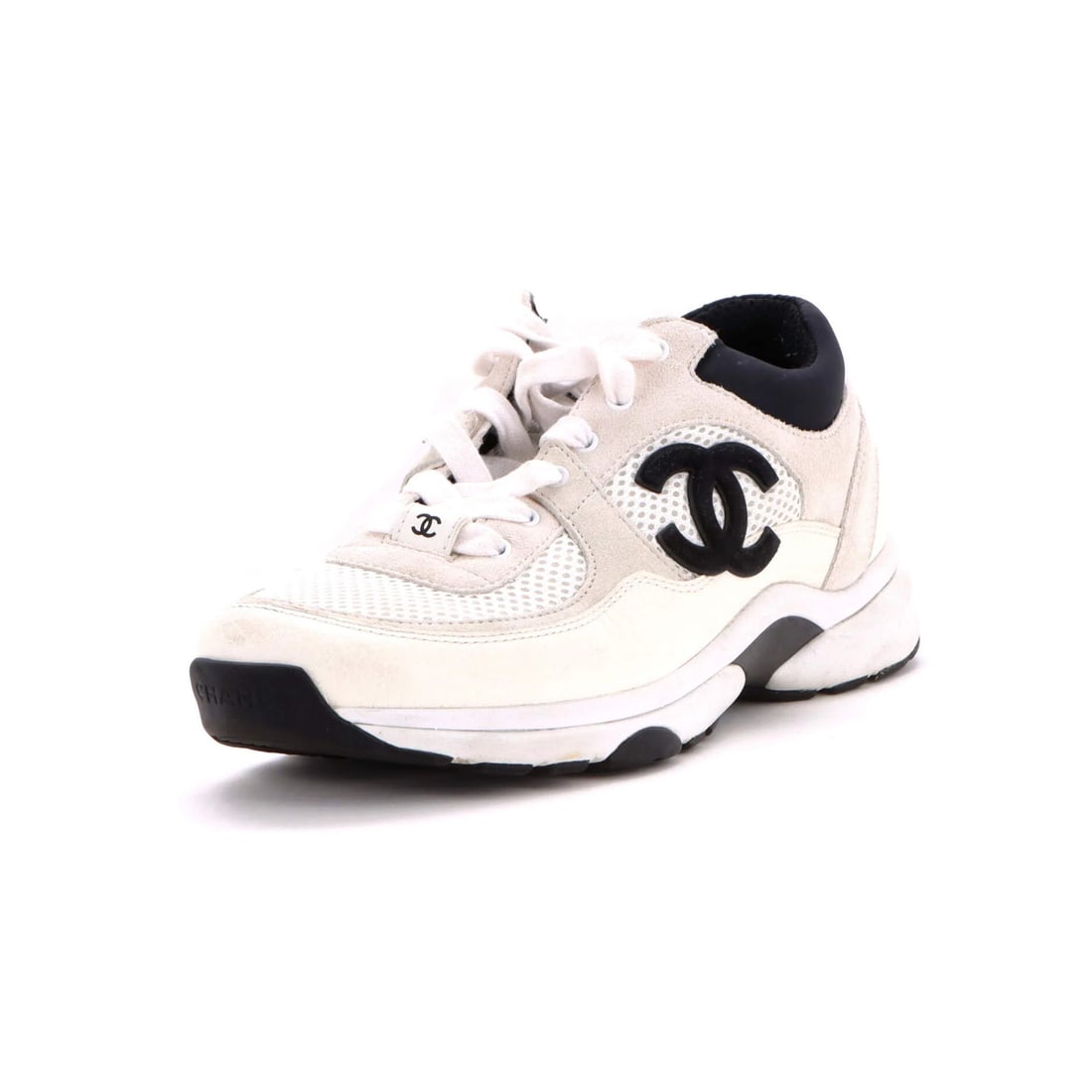 Chanel Women's CC Trainer Sneakers Fabric and Suede: Chanel Women's CC Trainer Sneakers Fabric and Suede White fabric and suede upper, black interior. Minor odor in interior, with creases, darkening, and scuffs throughout, small glue stains on midsoles,