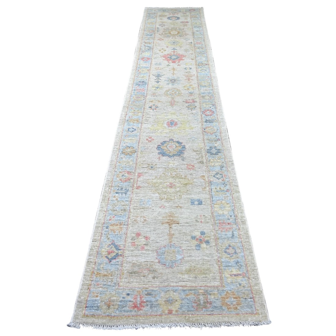 2'8"x13'10" Gray Hand Knotted Angora Oushak Leaf Design Wool Runner Rug: 2'8"x13'10" Gray Hand Knotted Angora Oushak Leaf Design Wool Runner Rug Hand-knotted in traditional Afghan methods, this stunning Oushak-style wool runner rug boasts an intricate leaf design in soft